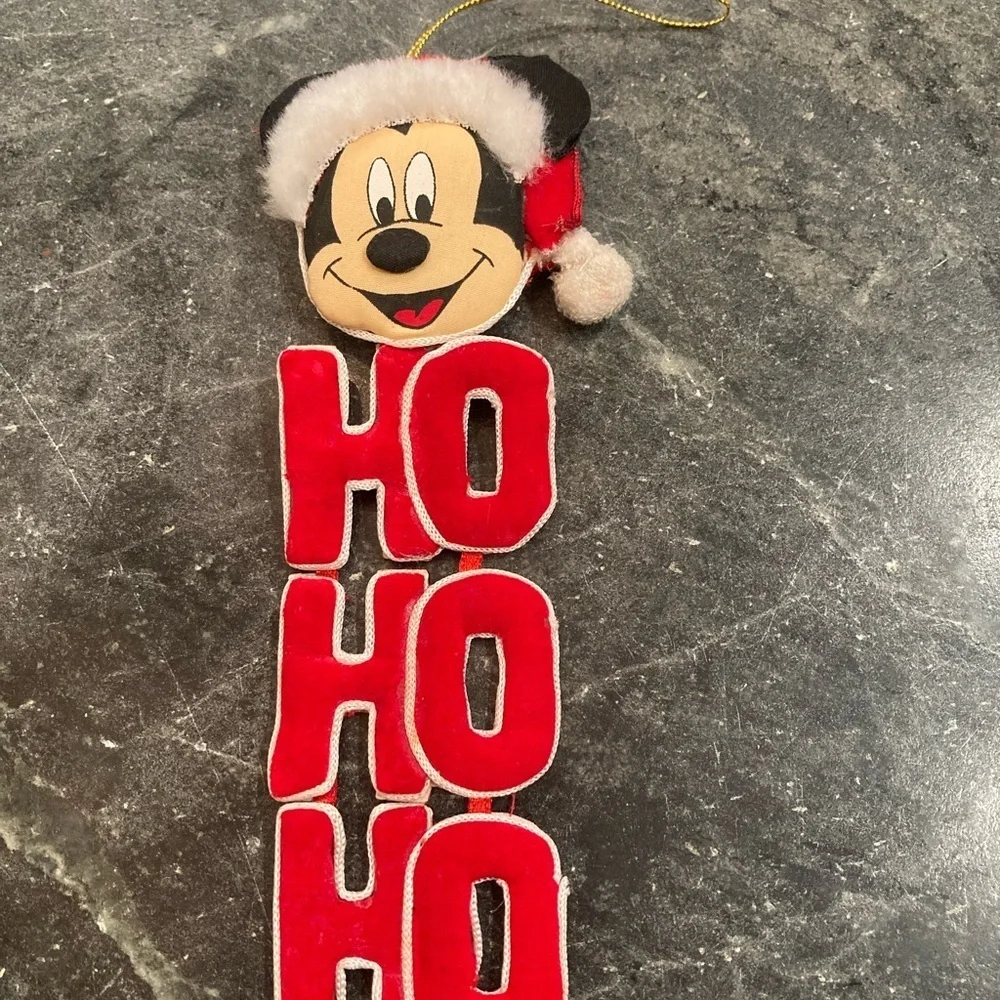 Disney Fabric Santa Mickey Mouse Christmas Ornament with vertical Ho Ho Ho sign
